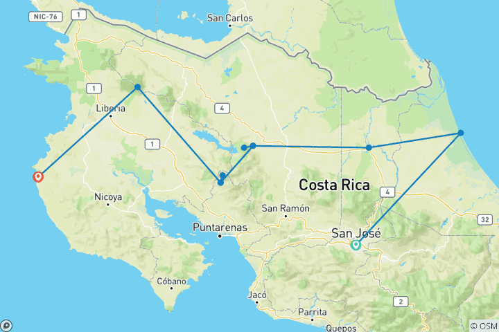 Carte du circuit Signature : Tortuguero, Arenal et les forêts de nuages du Costa Rica National Geographic