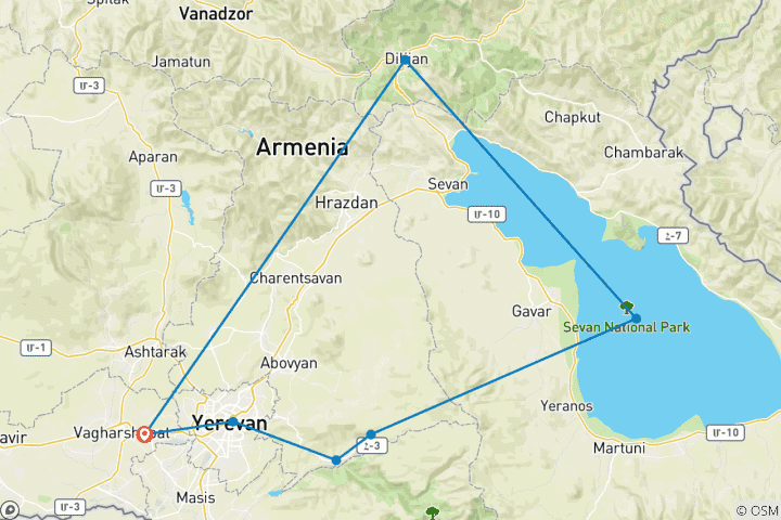 Kaart van 4 Daagse Culturele en Avontuurlijke Rondreis in Armenië