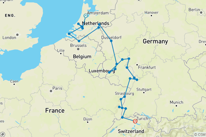 Carte du circuit Le Rhin et la Moselle romantiques 2027 – 15 jours (d'Amsterdam à Zurich)