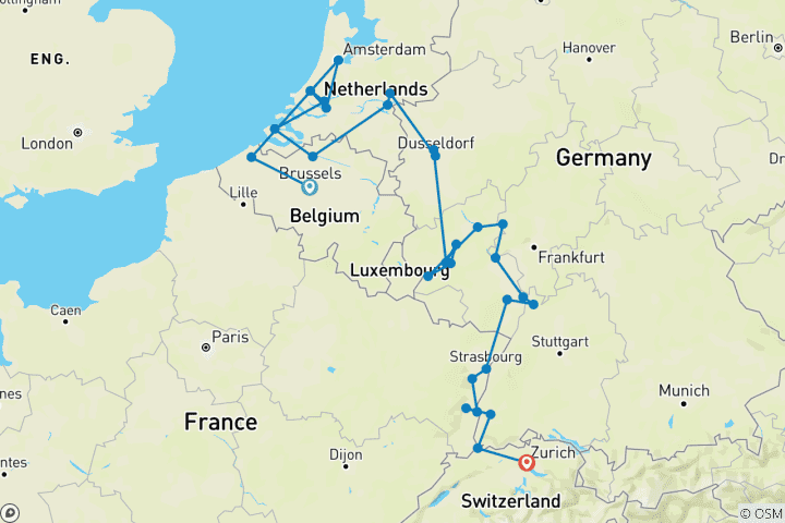 Kaart van Romantische Rijn & Moezel met Brugge 2027 - 18 Dagen (van Brussel naar Zurich)