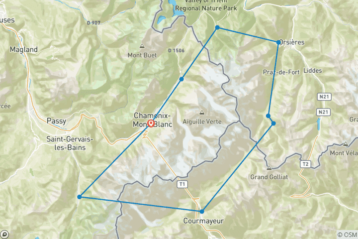 Kaart van De hoogtepunten van de Tour du Mont Blanc (8 dagen)