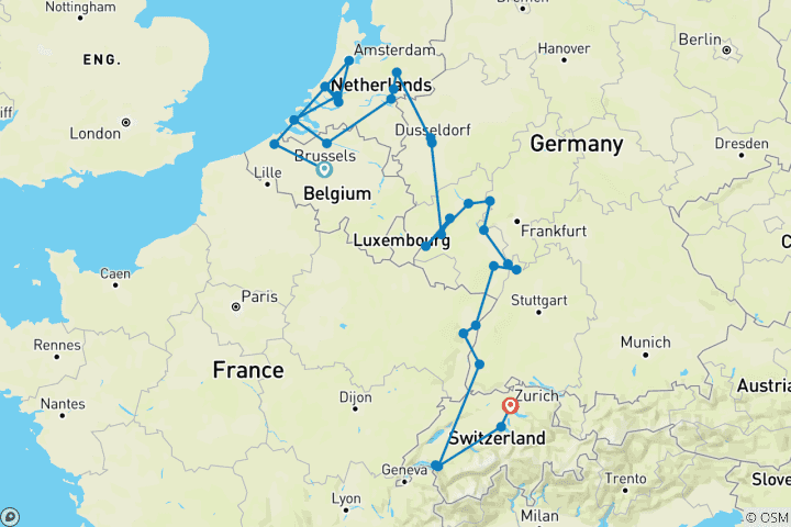 Carte du circuit Le Rhin et la Moselle romantiques, avec la Suisse et la Belgique enchanteresse 2027 – 22 jours (de Bruxelles à Zurich)