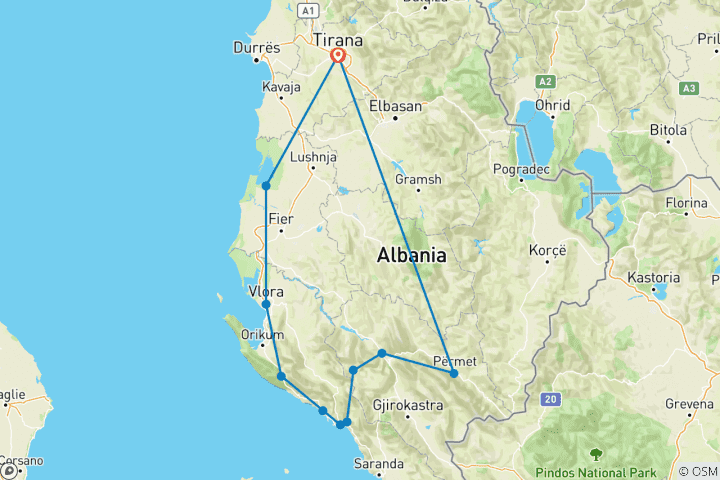Karte von Wandern & Erkunden der Albanischen Riviera in 9 Tage