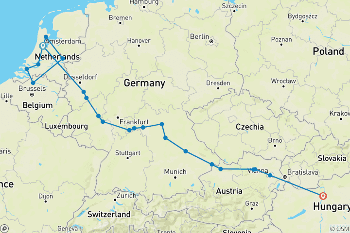 Carte du circuit Moulins à vent, tulipes et délices belges avec Joyaux de l'Europe 2027 - 22 jours (from Amsterdam to Budapest)