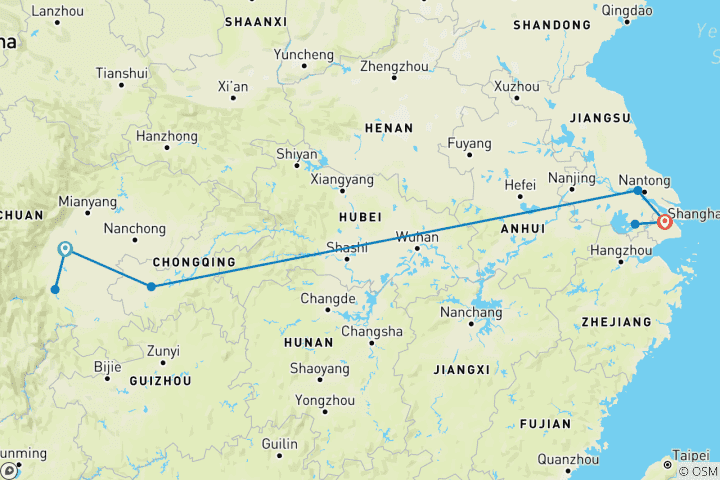 Kaart van Chengdu & Yangtze Cruise naar Shanghai - 10 dagen