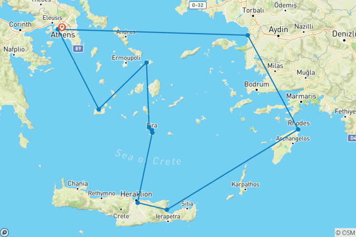 Kaart van Egeïsche Odyssee vanuit Athene - 9 dagen