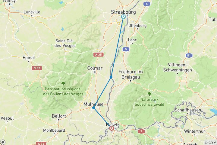 Carte du circuit L'Alsace et la Suisse en fête : Une croisière alliant un savoir-faire exceptionnel, des saveurs uniques et une culture locale incomparable (croisière de port en port).