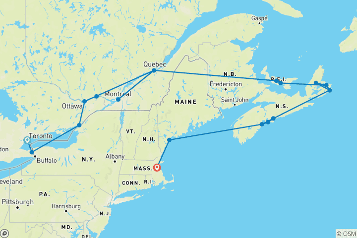 Karte von Highlights im Osten & Neuengland Kreuzfahrt Toronto - Boston