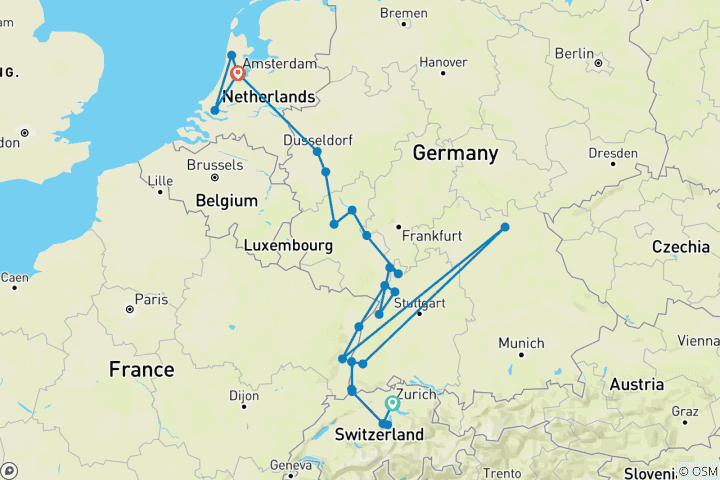 Carte du circuit Zurich-Lucerne avec les joyaux du Rhin et Amsterdam