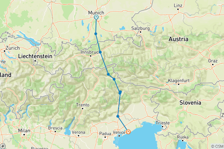 Karte von Von München nach Jesolo 9 Tage | 8 Nächte