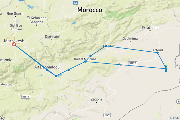 Karte von Sahara-Abenteuer für Familien: 4-tägiges Wüstenerlebnis ab Marrakesch