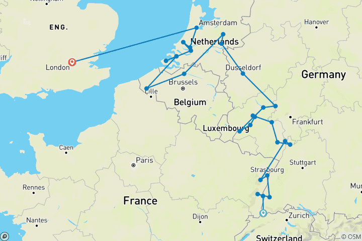 Kaart van Romantische Rijn & Moezel met Londen 2027 - 18 Dagen (van Bazel naar Londen)