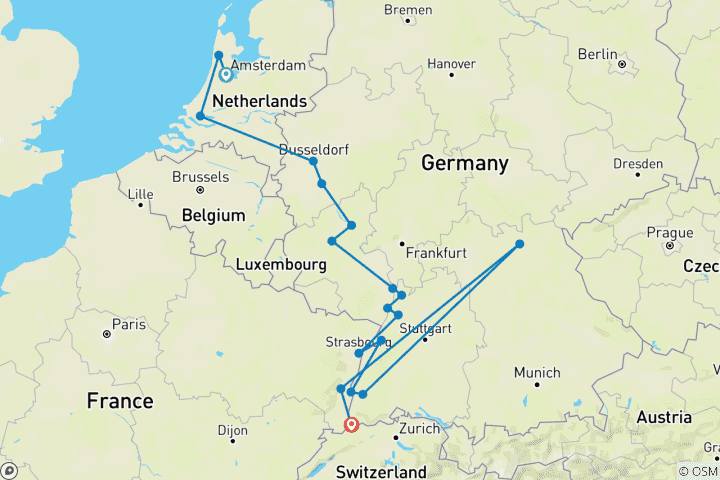 Carte du circuit Amsterdam et les joyaux du Rhin 2027 – 10 jours (18 destinations)