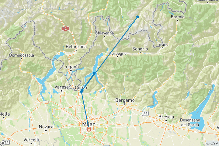 Mapa de Lago Como y Bernina Express - 4 días