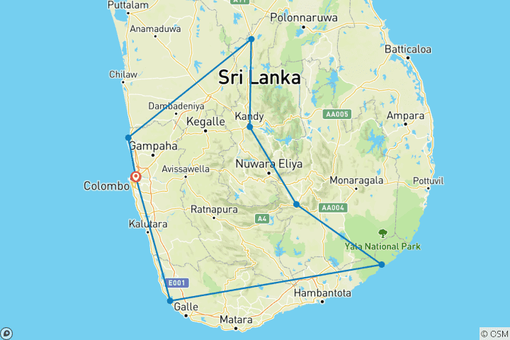 Karte von Sri Lanka mit Westküste im Einzelzimmer (inkl Flug)