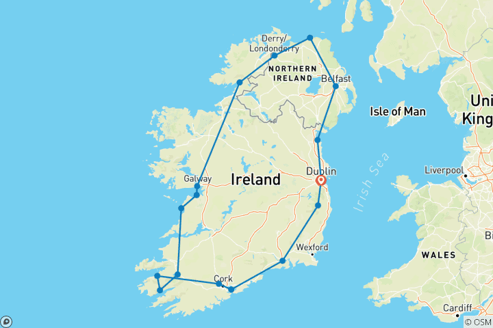 Map of Irish Adventure - 9 Days/8 Nights (17 destinations)
