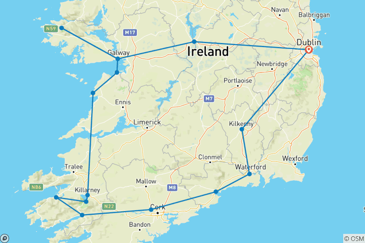 Carte du circuit Irish Gold - 8 jours/7 nuits (16 destinations)