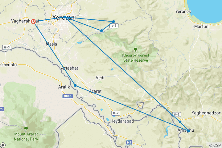 Kaart van 3-daagse culturele en historische rondreis in Armenië
