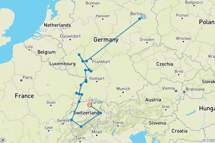 Carte du circuit Berlin, Majestic Rhine & Glacier Express 2027 - 14 jours