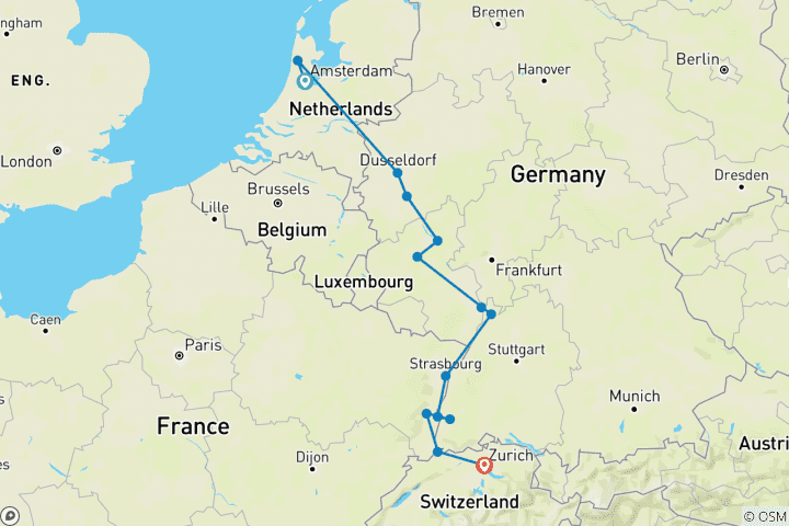Kaart van Vroeg Seizoen op de Rijn 2027 - 8 Dagen (van Amsterdam naar Zurich)
