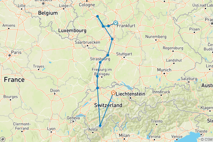 Carte du circuit Le Majestic Rhine & Glacier Express 2027 - 11 jours (from Francfort-sur-le-Main to Zurich)