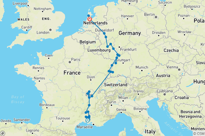 Kaart van Ontdek de rivieren Rijn & Rhône 2027 - 15 Dagen (van Arles naar Amsterdam)