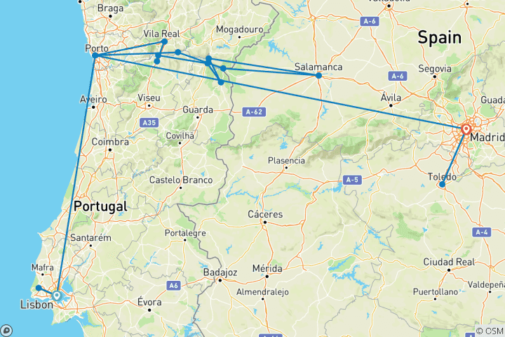 Kaart van Lissabon naar Madrid met Geheimen van de Douro