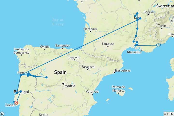 Carte du circuit Découvrez le Sud de la France et le Portugal : de Nice à Lisbonne