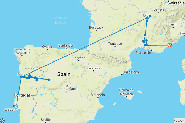 Kaart van Ontdek Zuid-Frankrijk & Portugal: Lissabon naar Nice 2027 - 21 Dagen