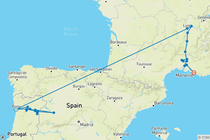 Carte du circuit Découvrez le Douro et le Rhône 2027 – 15 jours (de Porto à Marseille)