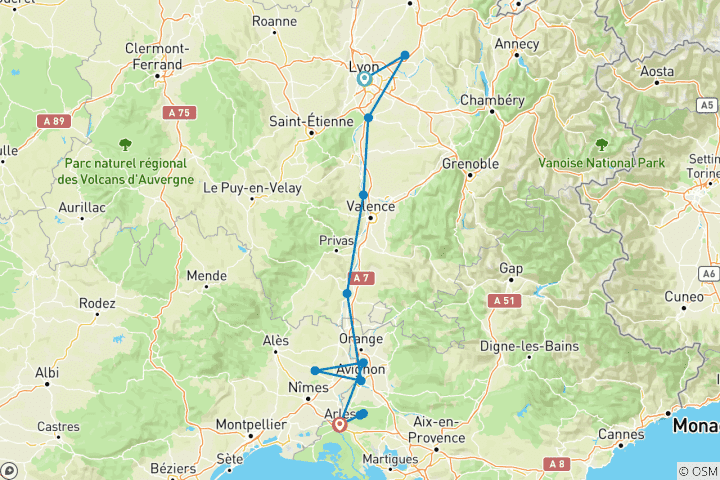 Mapa de Sensaciones festivas de Lyon y Provenza 2027 - 8 Días (from Lyon to Arles)
