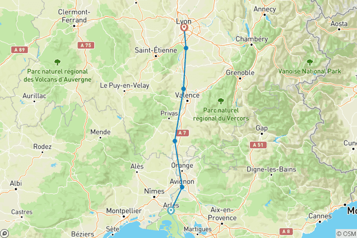 Kaart van Feestelijke sensaties van Lyon & de Provence 2027 - 8 Dagen (van Arles naar Lyon)