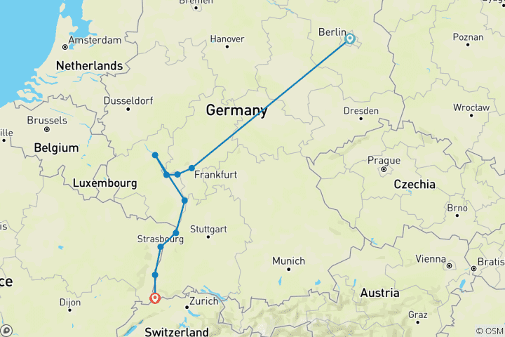 Map of Berlin & The Majestic Rhine 2027 - 11 Days (from Berlin to Basel)