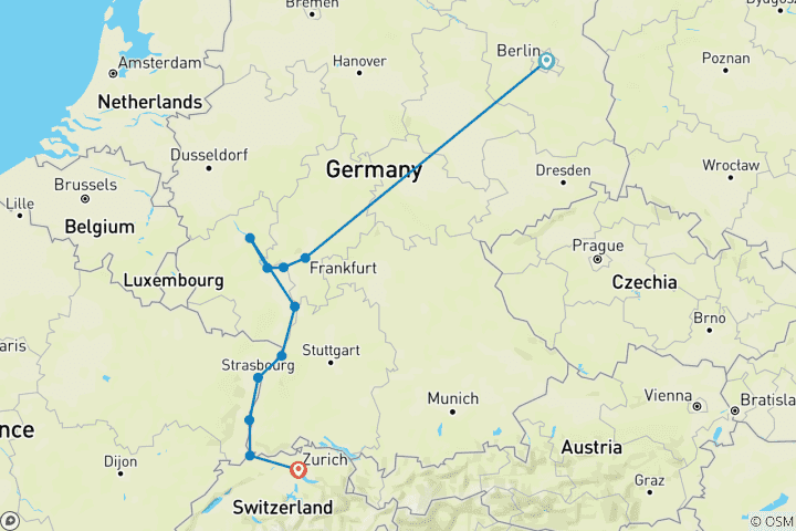 Map of Berlin & The Majestic Rhine 2027 - 11 Days (from Berlin to Zurich)