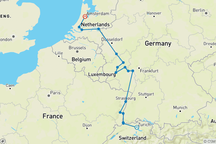 Kaart van Kastelen aan de Rijn & wijngaarden aan de Moezel 2027 – 11 dagen (van Zürich naar Amsterdam)