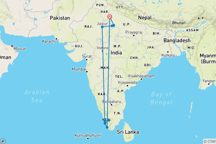 Map of MUJERES QUE VIAJAN PROFUNDO: 11 días en la India Esencial – Hosted by Evelin