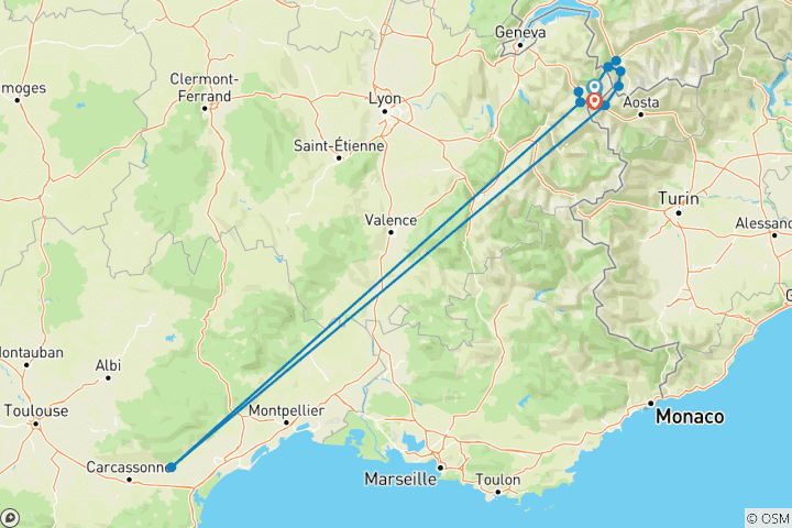 Kaart van Tour du Mont Blanc hoogtepunten (alleen voor vrouwen)