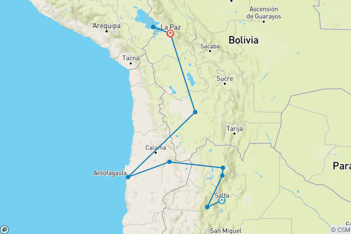 Map of 17 days sacred paths of the Andes: Argentina, Chile, and Bolivia