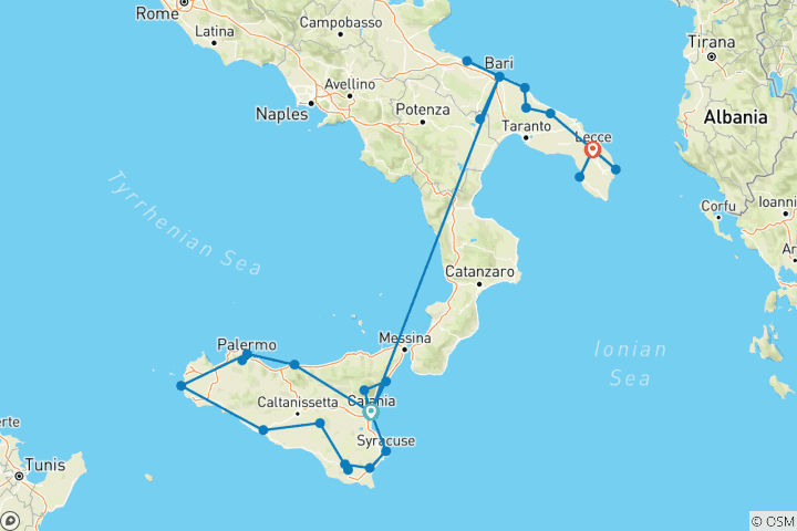 Kaart van Sicilië, Matera & Apulië - 13 dagen