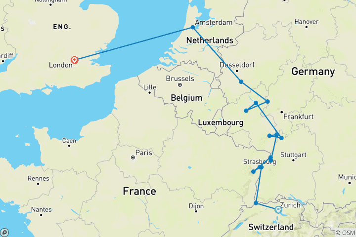 Kaart van Hoogtepunten van de Rijn met Londen 2027 - 11 Dagen (van Zurich naar Londen)