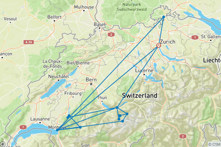 Carte du circuit Circuit de 7 jours en Suisse (Zurich, Interlaken et Montreux)