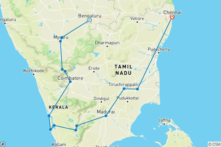 Kaart van Grote Zuid-India reizen door G Experiences
