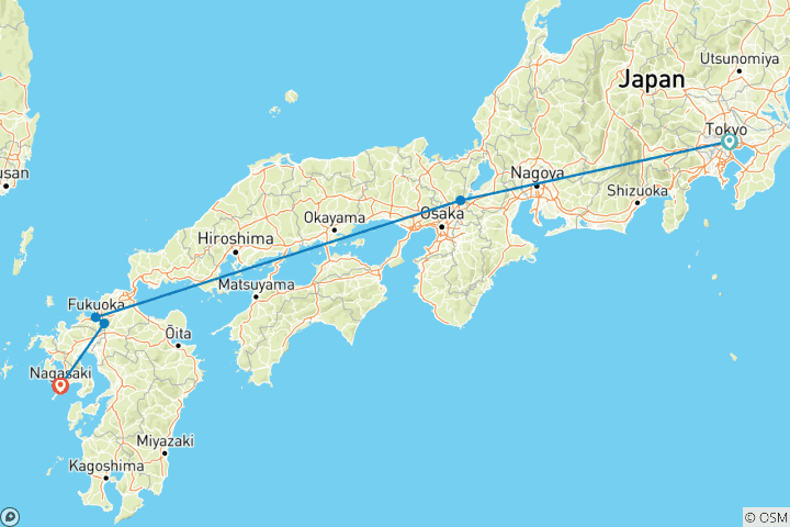 Karte von Tokio, Kyoto und Nagasaki (5 Reiseziele)