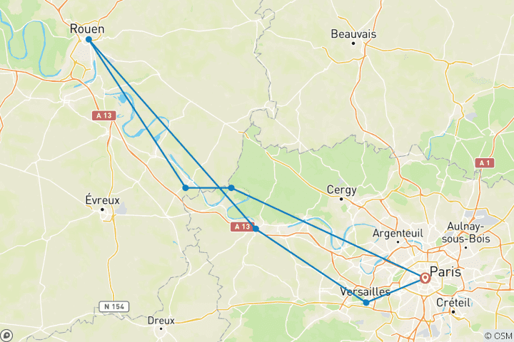 Carte du circuit De Paris, ville lumière, aux rivages de Normandie, une croisière festive et gourmande sur la Seine à bord d'un bateau à aubes (croisière de port à port).