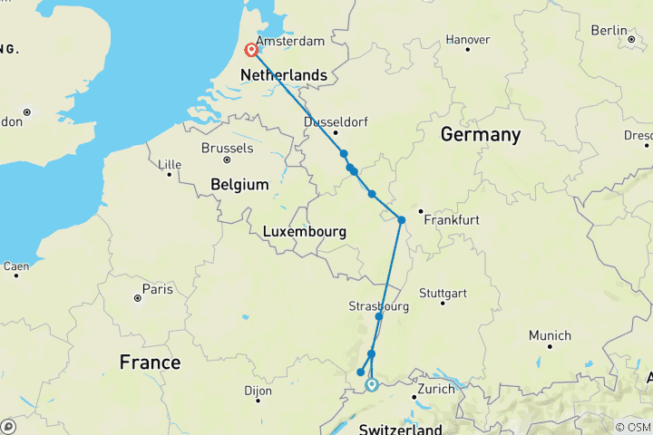 Carte du circuit Le Rhin en héritage : Art, histoire et patrimoine. À la découverte des génies et des chefs-d'œuvre de l'Europe (croisière de port en port) (from Bâle to Amsterdam)