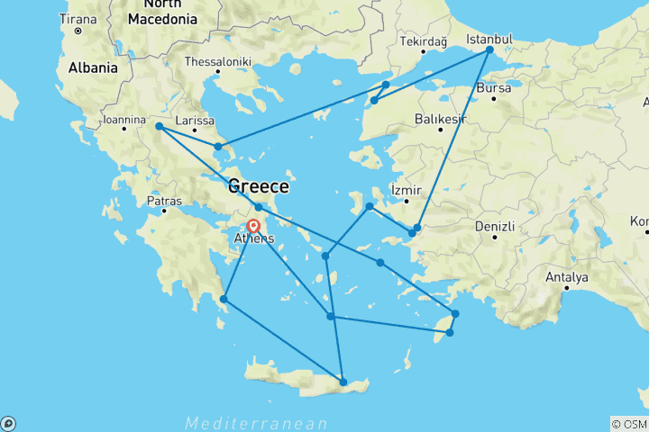 Carte du circuit Îles grecques et Turquie avec Athènes Athènes → Athènes (2027)
