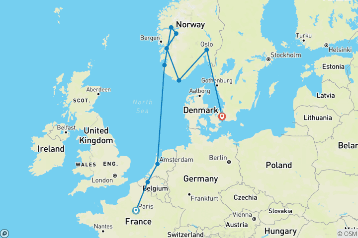 Carte du circuit Fjords norvégiens avec Paris Paris → Copenhague (2027)