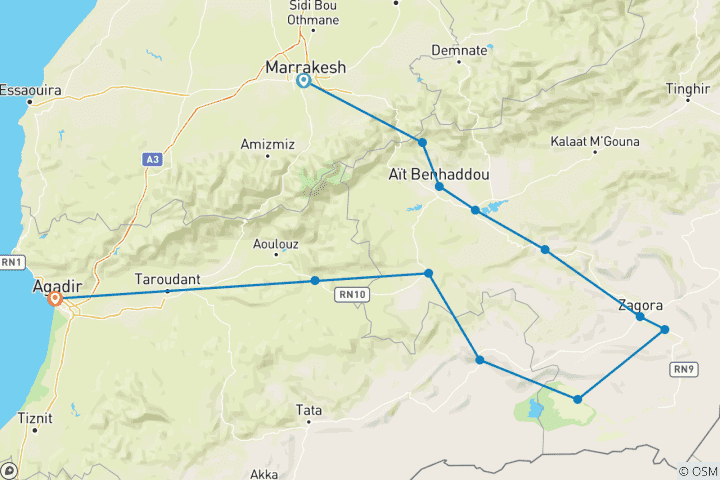 Karte von 3 Tage private Wüstentour von Marrakech nach Agadir