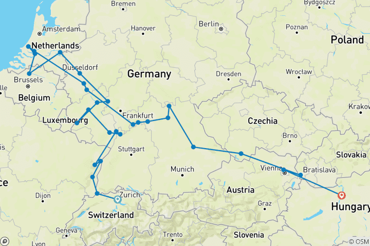 Carte du circuit Joyaux de l'Europe & Rhin romantique et Moselle 2027 - 29 jours (49 destinations)