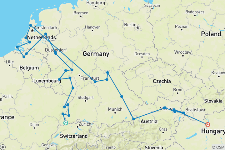 Mapa de Joyas de Europa y el romántico Rin y Mosela 2027 - 29 días (de Budapest a Zúrich)